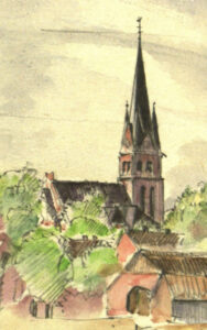 Kirche, Außenansicht, 1948, Aquarell mit Bleistift (Ausschnitt)