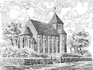 Kirche, Ansicht von Nordosten, 1956, Zeichnung von Alfred Brecht