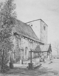 Kirche, Ansicht von Nordosten, 1950, Zeichnung von Sindel