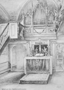 Blockaltar und Orgel, 1950, Zeichnung von Sindel
