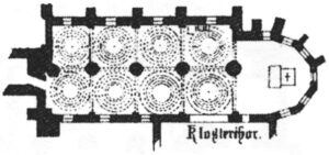 Stadtkirche, Vorgängerbau, dritter Kirchenbau, Grundriss, vor 1877, Lithographie: August Curtze, Hannover