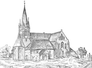 Hanstedt, alte und neue Kirche, Außenansicht, Zeichnung