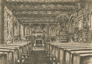 Oese, Kirche, Innenraum, Zeichnung, Altar, Kanzel, Epitaphien, um 1930